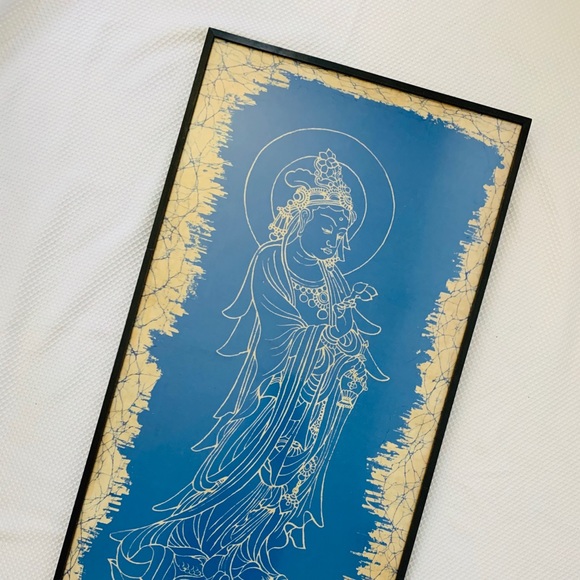 Vintage Quan Yin Blue Batik on Silk Framed Art